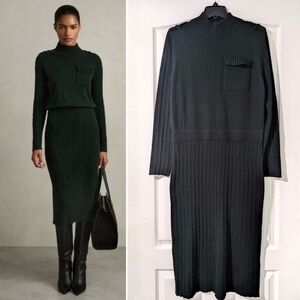 NWT Reiss | Floris Wool-Blend Knitted Utility Midi Dress With Cashmere in Khaki